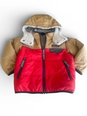 Patagonia Kids Red and Tan Hooded Puffer Jacket Reversible 2t